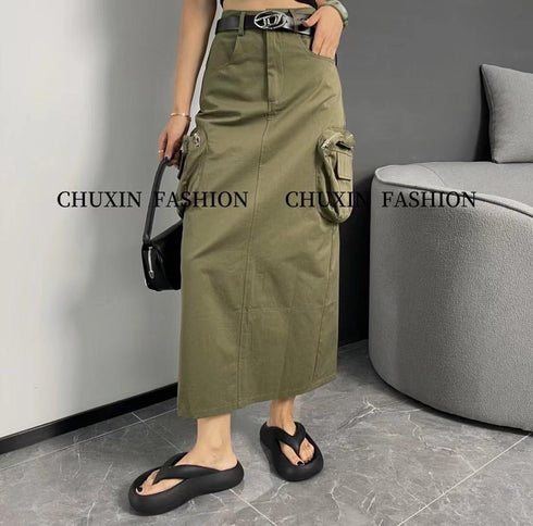 Casual A-Line Mid-Length Solid Color Pocket Cargo Skirts